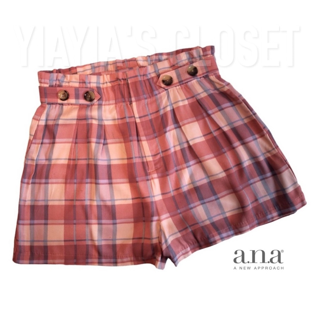 a.n.a. SZ 10 Plaid High-Rise Gathered Waist Women's Shorts